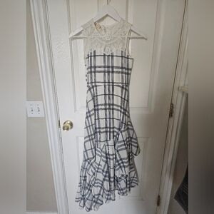 White and Blue Plaid Dress with Lace Detail